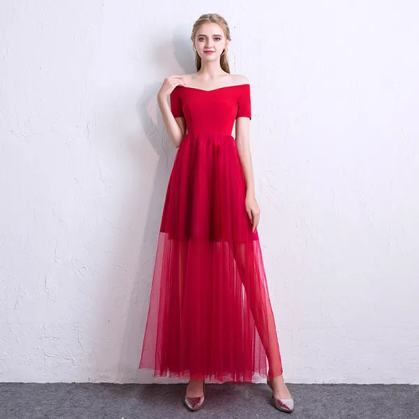 Erschwinglich Sommer Schwarz Abendkleider 2018 A Linie Off Shoulder V-Ausschnitt Kurze Ärmel Knöchellänge Rüschen Rückenfreies Festliche Kleider