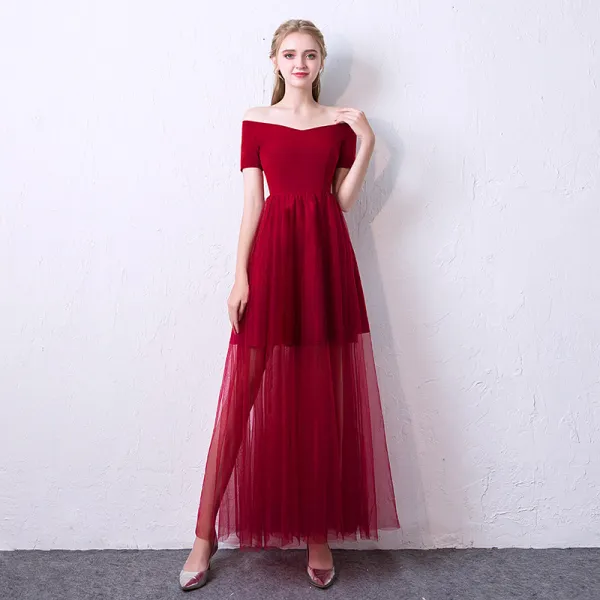 Erschwinglich Sommer Schwarz Abendkleider 2018 A Linie Off Shoulder V-Ausschnitt Kurze Ärmel Knöchellänge Rüschen Rückenfreies Festliche Kleider