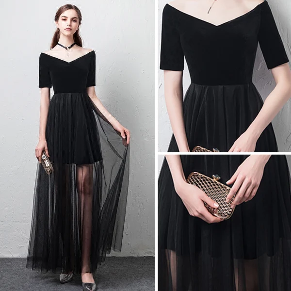 Erschwinglich Sommer Schwarz Abendkleider 2018 A Linie Off Shoulder V-Ausschnitt Kurze Ärmel Knöchellänge Rüschen Rückenfreies Festliche Kleider