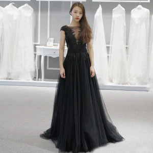 Elegant Black See Through Evening Dresses 2018 A Line Princess Square Neckline Cap Sleeves Appliques Lace Beading Sash Sweep Train Ruffle Formal Dresses