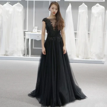 Elegant Black See Through Evening Dresses 2018 A Line Princess Square Neckline Cap Sleeves Appliques Lace Beading Sash Sweep Train Ruffle Formal Dresses