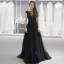 Élégant Noire Transparentes Robe De Soirée 2018 Princesse Encolure Carrée Mancherons Appliques En Dentelle Perlage Ceinture Train De Balayage Volants Robe De Ceremonie