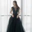 Élégant Noire Transparentes Robe De Soirée 2018 Princesse Encolure Carrée Mancherons Appliques En Dentelle Perlage Ceinture Train De Balayage Volants Robe De Ceremonie