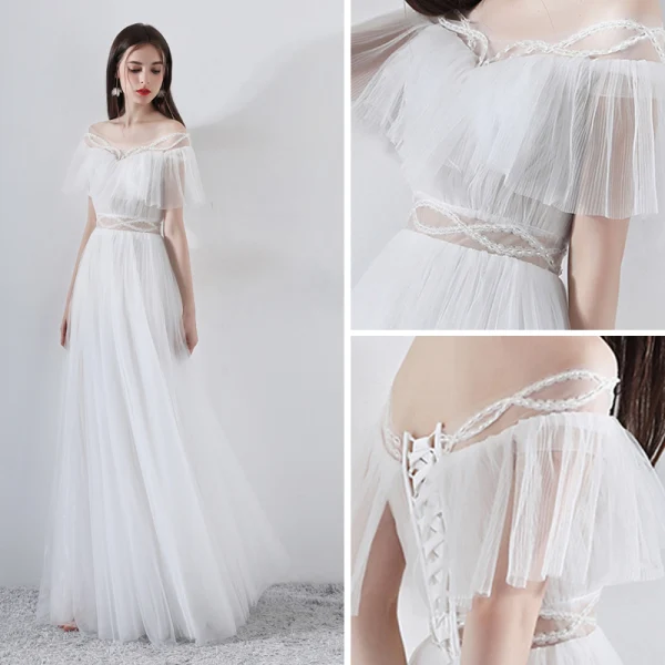 Modern / Fashion White Evening Dresses 2018 A-Line / Princess Beading Off-The-Shoulder Short Sleeve Floor-Length / Long Ruffle Backless Formal Dresses