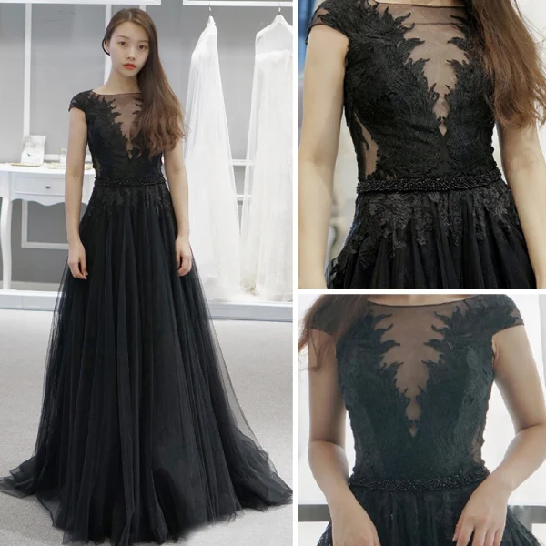 Élégant Noire Transparentes Robe De Soirée 2018 Princesse Encolure Carrée Mancherons Appliques En Dentelle Perlage Ceinture Train De Balayage Volants Robe De Ceremonie