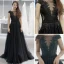 Élégant Noire Transparentes Robe De Soirée 2018 Princesse Encolure Carrée Mancherons Appliques En Dentelle Perlage Ceinture Train De Balayage Volants Robe De Ceremonie