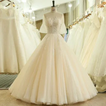 Modest Simple Champagne Wedding Dresses 2018 Ball Gown See Through Scoop Neck 1 2 Sleeves Backless Appliques Lace Sweep Train Ruffle