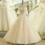 Simple Champagne Robe De Mariée 2018 Robe Boule Transparentes Encolure Dégagée 1/2 Manches Dos Nu Appliques En Dentelle Train De Balayage Volants