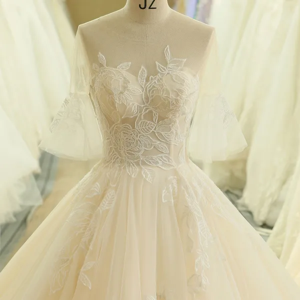 Simple Champagne Robe De Mariée 2018 Robe Boule Transparentes Encolure Dégagée 1/2 Manches Dos Nu Appliques En Dentelle Train De Balayage Volants
