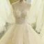 Simple Champagne Robe De Mariée 2018 Robe Boule Transparentes Encolure Dégagée 1/2 Manches Dos Nu Appliques En Dentelle Train De Balayage Volants