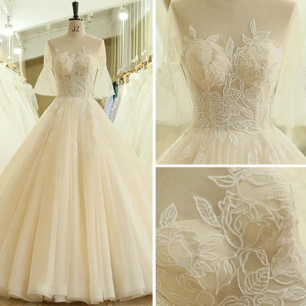 Simple Champagne Robe De Mariée 2018 Robe Boule Transparentes Encolure Dégagée 1/2 Manches Dos Nu Appliques En Dentelle Train De Balayage Volants