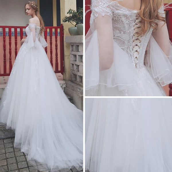 Abordable Champagne Robe De Mariée 2018 Princesse De l'épaule 3/4 Manches Dos Nu Appliques En Dentelle Tribunal Train Volants