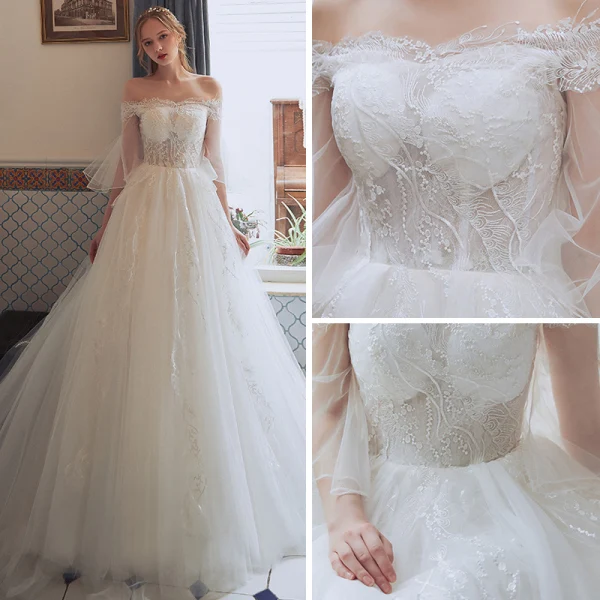 Abordable Champagne Robe De Mariée 2018 Princesse De l'épaule 3/4 Manches Dos Nu Appliques En Dentelle Tribunal Train Volants