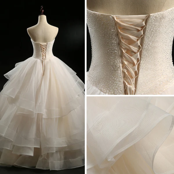 Modern / Fashion Champagne Wedding Dresses 2018 Ball Gown Strapless Sleeveless Backless Sequins Beading Floor-Length / Long Cascading Ruffles