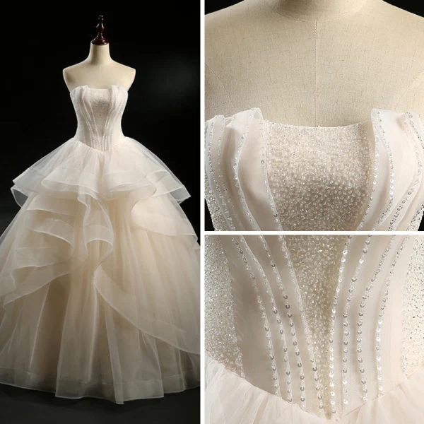 Modern / Fashion Champagne Wedding Dresses 2018 Ball Gown Strapless Sleeveless Backless Sequins Beading Floor-Length / Long Cascading Ruffles
