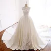 Luxury / Gorgeous Ivory Pierced Wedding Dresses 2018 Ball Gown High Neck Sleeveless Appliques Lace Crystal Beading Pearl Royal Train Ruffle