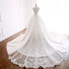 Luxury / Gorgeous Ivory Pierced Wedding Dresses 2018 Ball Gown High Neck Sleeveless Appliques Lace Crystal Beading Pearl Royal Train Ruffle
