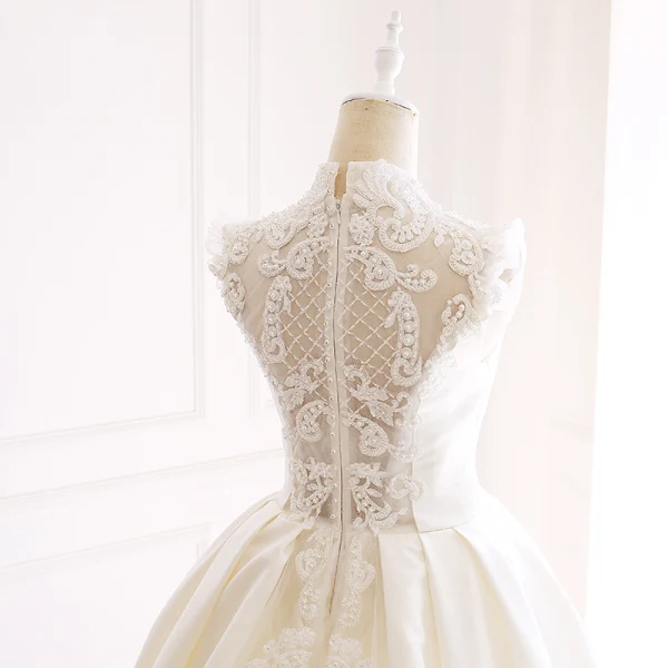 Luxury / Gorgeous Ivory Pierced Wedding Dresses 2018 Ball Gown High Neck Sleeveless Appliques Lace Crystal Beading Pearl Royal Train Ruffle
