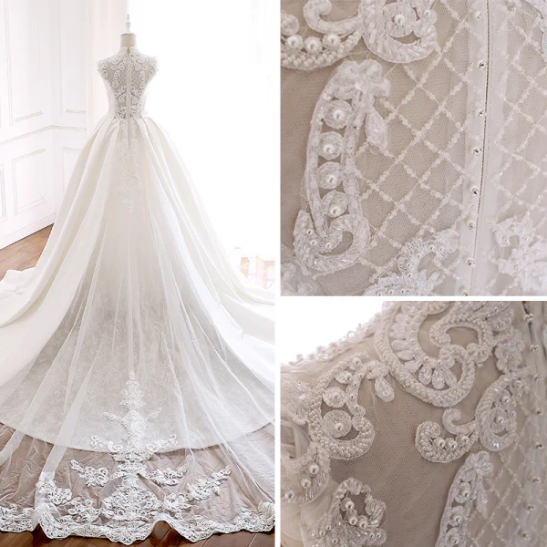 Luxury / Gorgeous Ivory Pierced Wedding Dresses 2018 Ball Gown High Neck Sleeveless Appliques Lace Crystal Beading Pearl Royal Train Ruffle