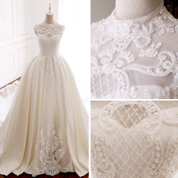 Luxury / Gorgeous Ivory Pierced Wedding Dresses 2018 Ball Gown High Neck Sleeveless Appliques Lace Crystal Beading Pearl Royal Train Ruffle