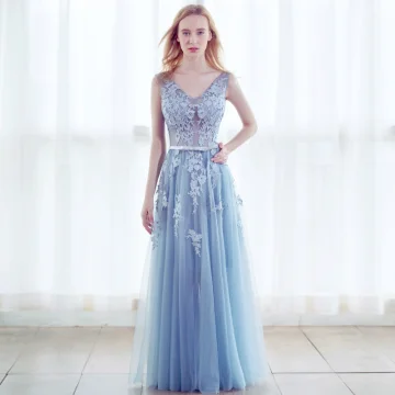 Chic Beautiful Sky Blue Prom Dresses 2017 A Line Princess Pierced V Neck Sleeveless Appliques Lace Rhinestone Bow Sash Floor Length Long Backless Formal Dresses