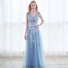 Chic / Beautiful Sky Blue Prom Dresses 2017 A-Line / Princess Pierced V-Neck Sleeveless Appliques Lace Rhinestone Bow Sash Floor-Length / Long Backless Formal Dresses