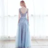 Chic / Beautiful Sky Blue Prom Dresses 2017 A-Line / Princess Pierced V-Neck Sleeveless Appliques Lace Rhinestone Bow Sash Floor-Length / Long Backless Formal Dresses