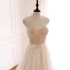 Elegant Khaki Prom Dresses 2018 A-Line / Princess Sweetheart Sleeveless Beading Court Train Ruffle Backless Formal Dresses