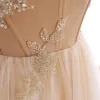 Elegant Khaki Prom Dresses 2018 A-Line / Princess Sweetheart Sleeveless Beading Court Train Ruffle Backless Formal Dresses