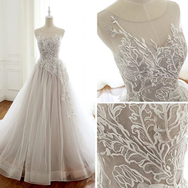 Charmant Gris Transparentes Robe De Bal 2018 Princesse Encolure Dégagée Sans Manches Appliques En Dentelle Tribunal Train Volants Robe De Ceremonie
