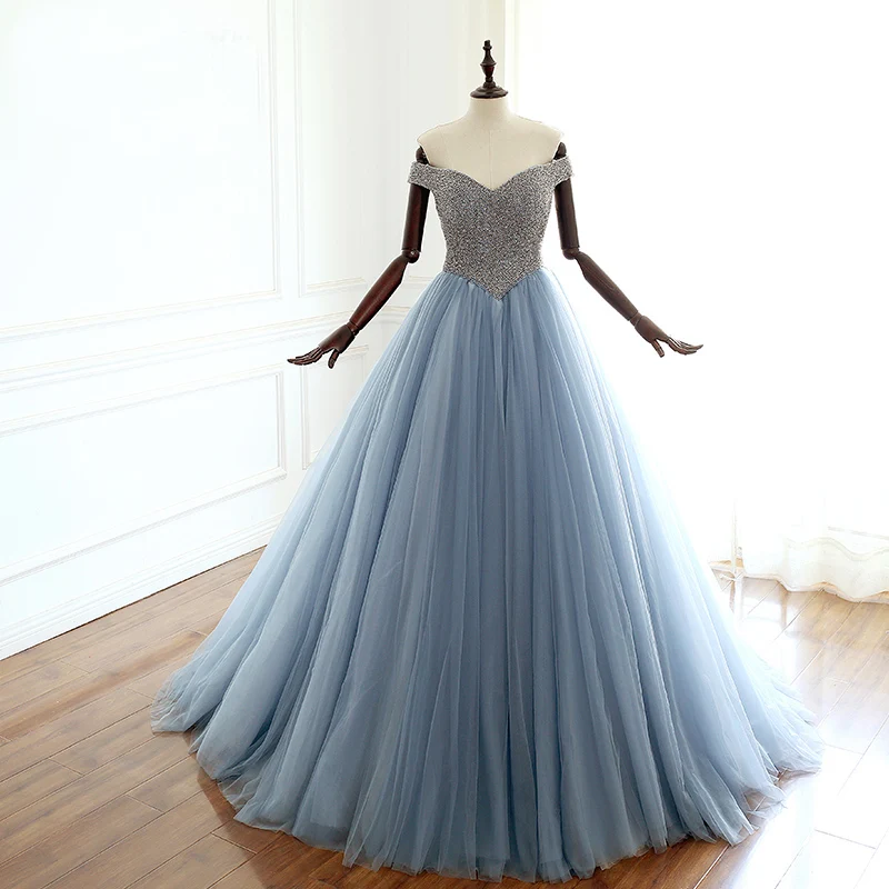blue dress for baby girl Gorgeous Blue Sparkly Tulle Beaded Prom Dress, Tiered Formal Gown With –  shinydress