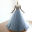 Luxury / Gorgeous Ocean Blue Prom Dresses 2018 A-Line / Princess Off-The-Shoulder Short Sleeve Glitter Beading Court Train Ruffle Backless Formal Dresses
