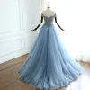 Luxury / Gorgeous Ocean Blue Prom Dresses 2018 A-Line / Princess Off-The-Shoulder Short Sleeve Glitter Beading Court Train Ruffle Backless Formal Dresses