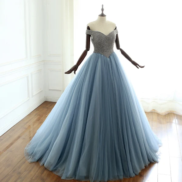 Luxury / Gorgeous Ocean Blue Prom Dresses 2018 A-Line / Princess Off-The-Shoulder Short Sleeve Glitter Beading Court Train Ruffle Backless Formal Dresses