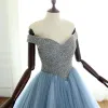 Luxury / Gorgeous Ocean Blue Prom Dresses 2018 A-Line / Princess Off-The-Shoulder Short Sleeve Glitter Beading Court Train Ruffle Backless Formal Dresses