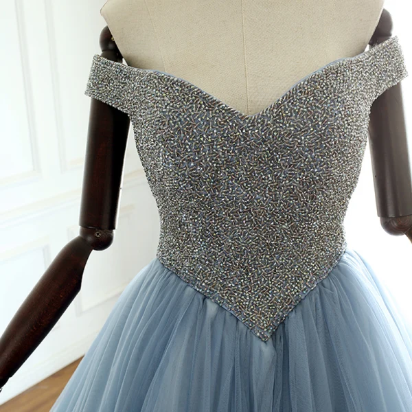 Luxury / Gorgeous Ocean Blue Prom Dresses 2018 A-Line / Princess Off-The-Shoulder Short Sleeve Glitter Beading Court Train Ruffle Backless Formal Dresses