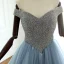 Luxury / Gorgeous Ocean Blue Prom Dresses 2018 A-Line / Princess Off-The-Shoulder Short Sleeve Glitter Beading Court Train Ruffle Backless Formal Dresses