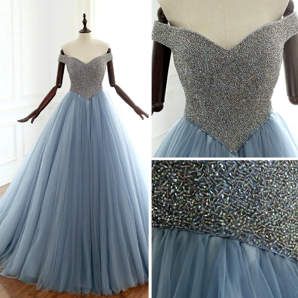 Luxury / Gorgeous Ocean Blue Prom Dresses 2018 A-Line / Princess Off-The-Shoulder Short Sleeve Glitter Beading Court Train Ruffle Backless Formal Dresses