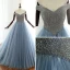 Luxury / Gorgeous Ocean Blue Prom Dresses 2018 A-Line / Princess Off-The-Shoulder Short Sleeve Glitter Beading Court Train Ruffle Backless Formal Dresses