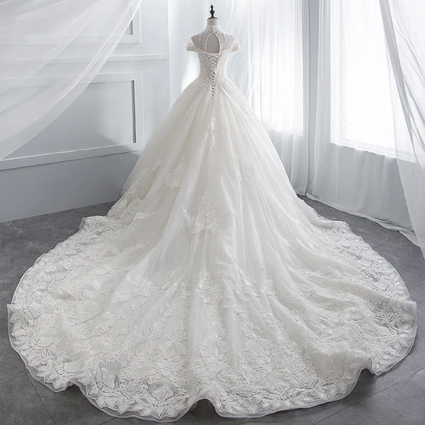 Chinese style Ivory Wedding Dresses 2018 Ball Gown High Neck Cap Sleeves Backless Appliques Lace Pearl Beading Cathedral Train Ruffle