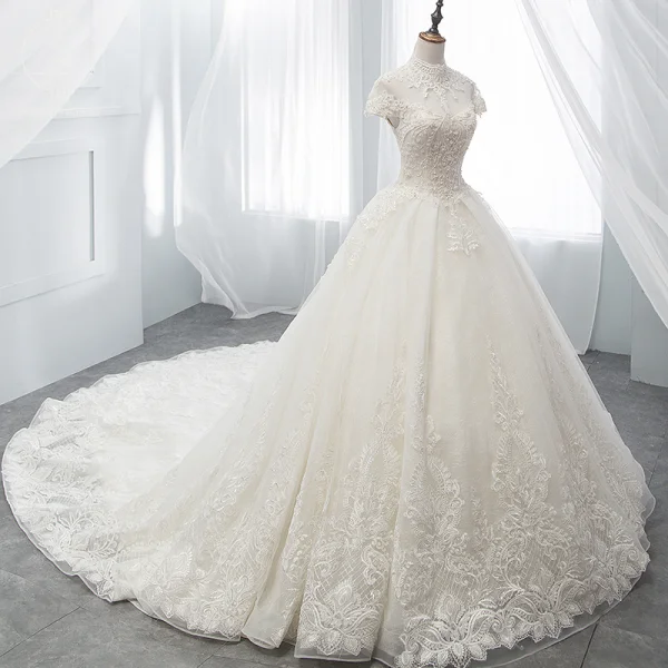 Chinese style Ivory Wedding Dresses 2018 Ball Gown High Neck Cap Sleeves Backless Appliques Lace Pearl Beading Cathedral Train Ruffle