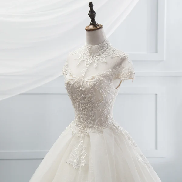 Chinese style Ivory Wedding Dresses 2018 Ball Gown High Neck Cap Sleeves Backless Appliques Lace Pearl Beading Cathedral Train Ruffle