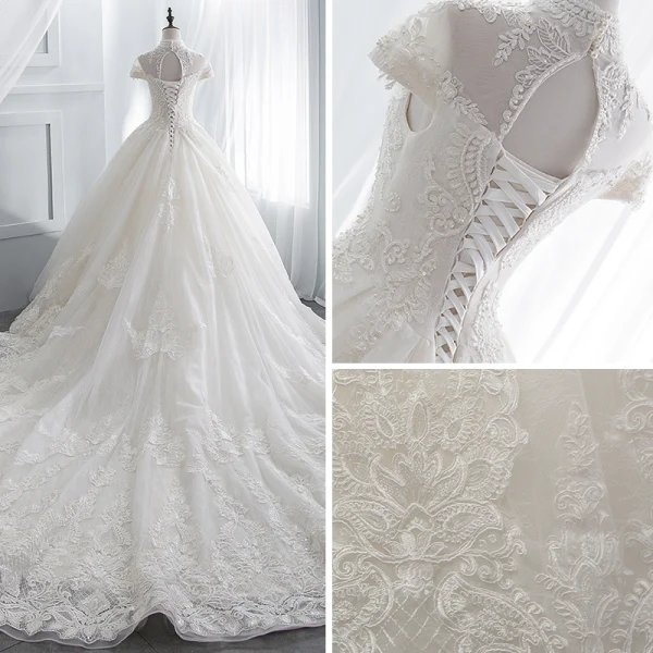 Chinese style Ivory Wedding Dresses 2018 Ball Gown High Neck Cap Sleeves Backless Appliques Lace Pearl Beading Cathedral Train Ruffle