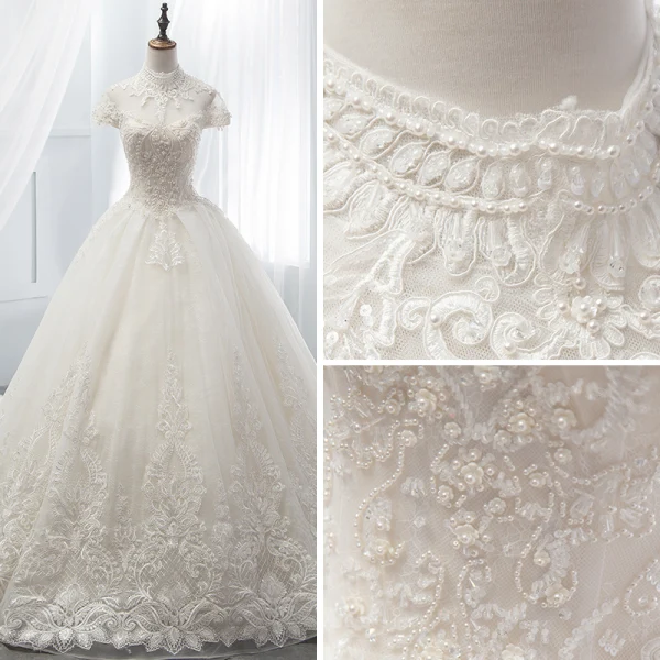 Chinese style Ivory Wedding Dresses 2018 Ball Gown High Neck Cap Sleeves Backless Appliques Lace Pearl Beading Cathedral Train Ruffle