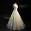 Chic / Beautiful Champagne Wedding Dresses 2018 A-Line / Princess Sweetheart Sleeveless Backless Appliques Lace Sequins Beading Floor-Length / Long Ruffle