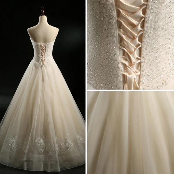 Chic / Beautiful Champagne Wedding Dresses 2018 A-Line / Princess Sweetheart Sleeveless Backless Appliques Lace Sequins Beading Floor-Length / Long Ruffle