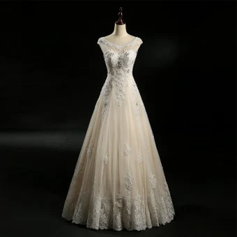 Mooie Prachtige Champagne Trouwjurken 2018 A Lijn Doorzichtige Ronde Hals Mouwloos Ruglooze Appliques Kant Kralen Rhinestone Lange Ruche