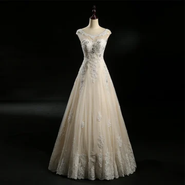 Chic Beautiful Champagne Wedding Dresses 2018 A Line Princess See Through Scoop Neck Sleeveless Backless Appliques Lace Beading Rhinestone Floor Length Long Ruffle
