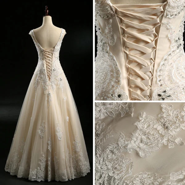 Chic / Belle Champagne Robe De Mariée 2018 Princesse Transparentes Encolure Dégagée Sans Manches Dos Nu Appliques En Dentelle Perlage Faux Diamant Longue Volants