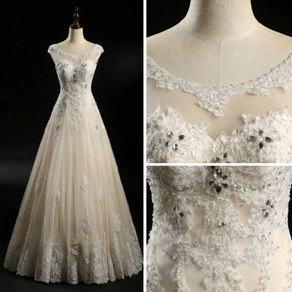 Chic / Belle Champagne Robe De Mariée 2018 Princesse Transparentes Encolure Dégagée Sans Manches Dos Nu Appliques En Dentelle Perlage Faux Diamant Longue Volants